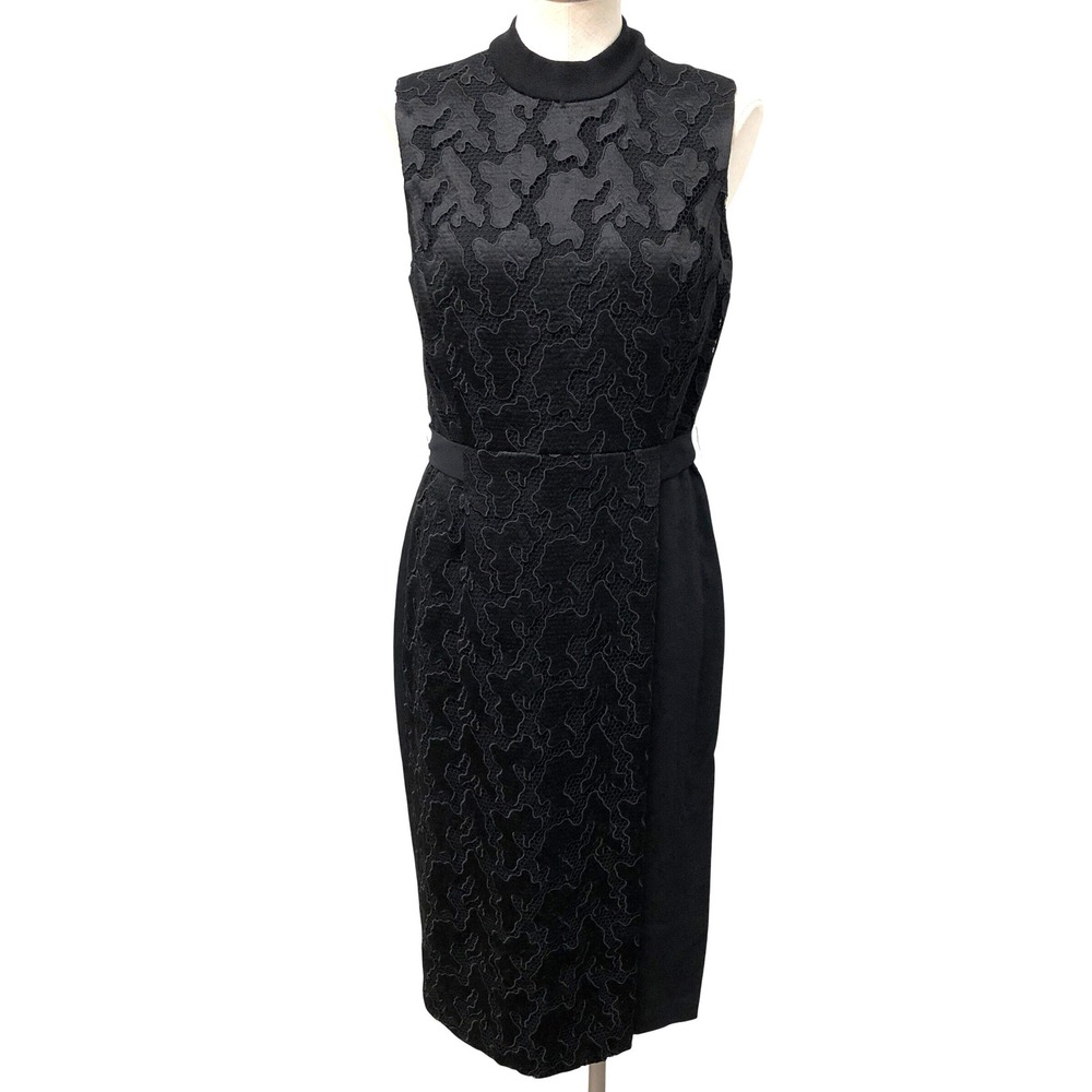 A.L.C. Sheath Dress Womens 8 Black Lace Overlay Mock Neck Midi Sleeveless Party